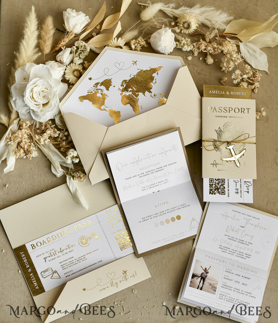 WEDDING INVITATIONS passport to love/ beach wedding invites  Gold White Passport Wedding Invitation, Golden Wedding Cards Boarding Pass, Bespoke Travel Passport Wedding Invitations Abroad, Destination Greece Wedding Invites, Travel Map Wedding Stationary,  World map 