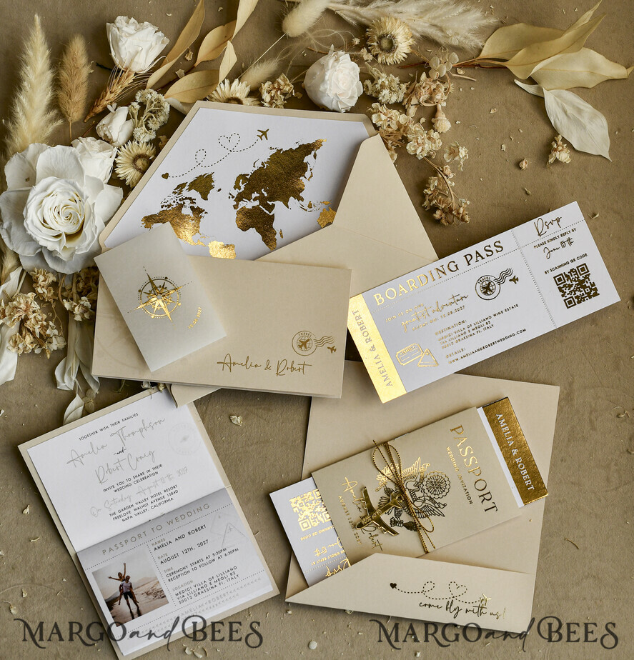 WEDDING INVITATIONS passport to love/ beach wedding invites  Gold White Passport Wedding Invitation, Golden Wedding Cards Boarding Pass, Bespoke Travel Passport Wedding Invitations Abroad, Destination Greece Wedding Invites, Travel Map Wedding Stationary,  World map 