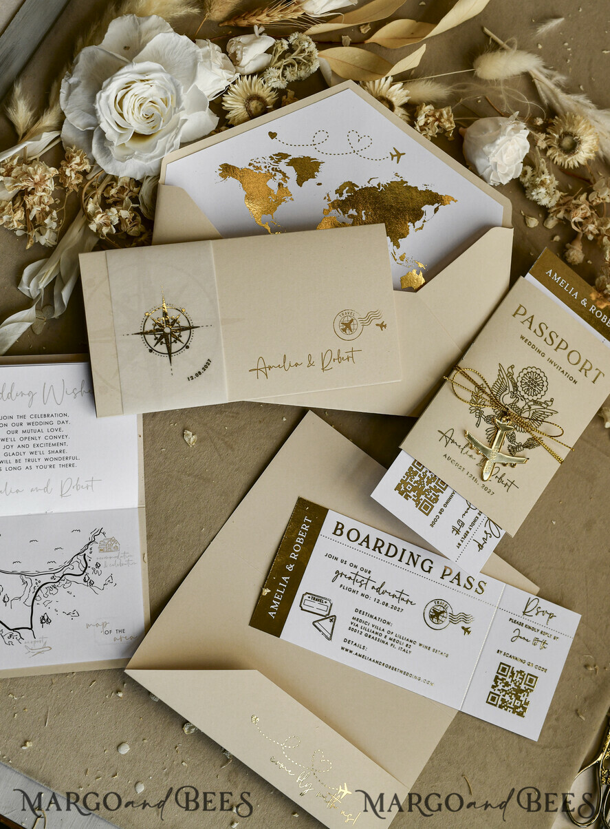 WEDDING INVITATIONS passport to love/ beach wedding invites  Gold White Passport Wedding Invitation, Golden Wedding Cards Boarding Pass, Bespoke Travel Passport Wedding Invitations Abroad, Destination Greece Wedding Invites, Travel Map Wedding Stationary,  World map 