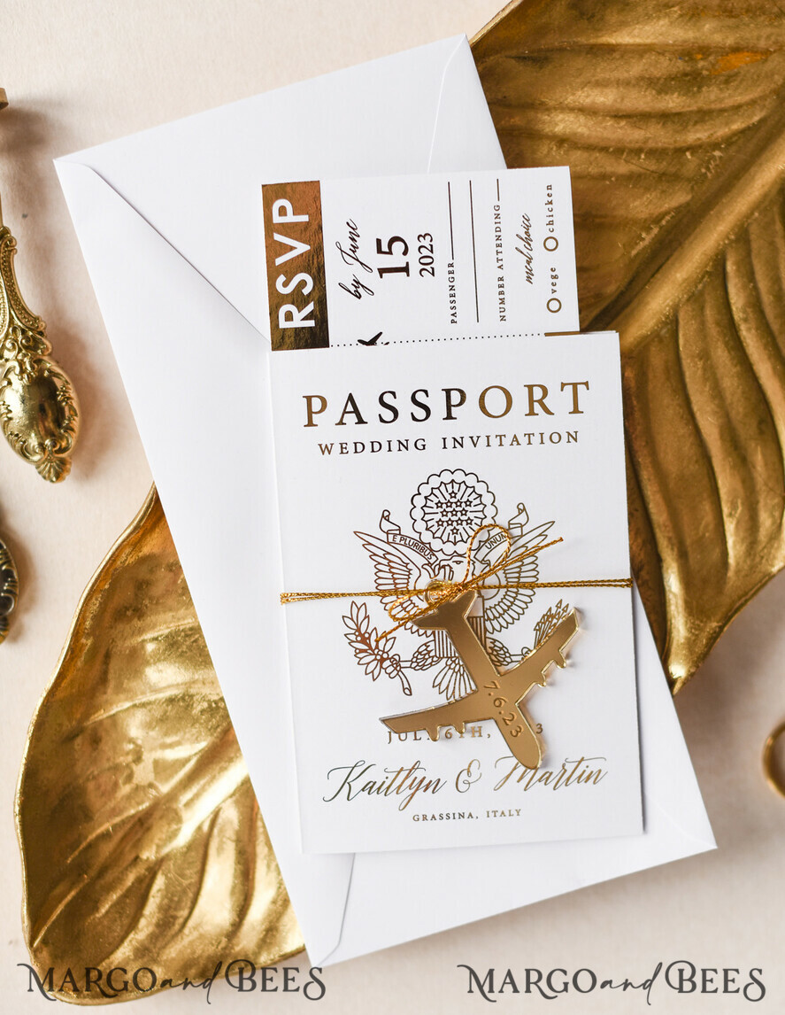 White Gold Passport Wedding Invitation, Golden Plane Wedding Cards