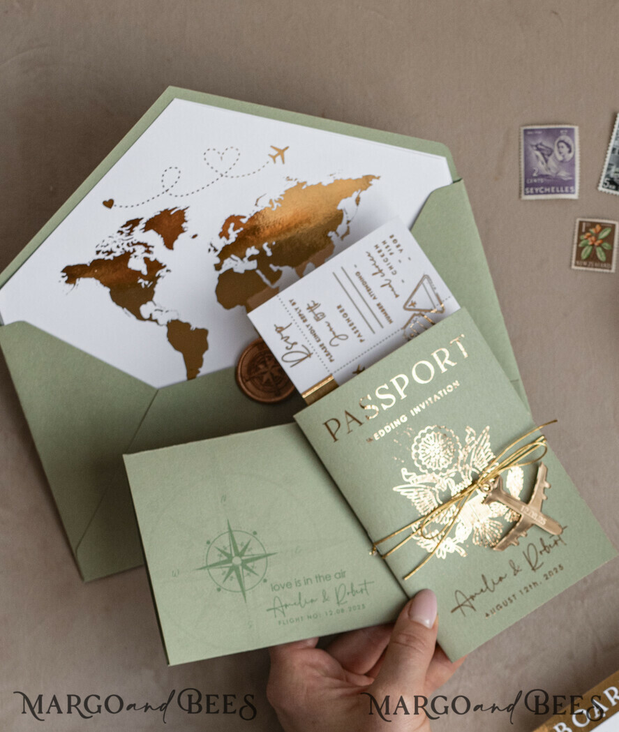 WEDDING INVITATIONS passport to love/ beach wedding invites  Gold Sage green Passport Wedding Invitation, Golden Wedding Cards Boarding Pass, Greenry Travel Passport Wedding Invitations Abroad, Destination Greece Wedding Invites, Tuscany Travel Map Wedding Stationary Italy World map 