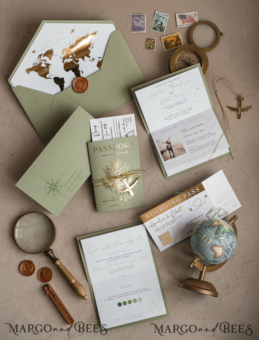 WEDDING INVITATIONS passport to love/ beach wedding invites  Gold Sage green Passport Wedding Invitation, Golden Wedding Cards Boarding Pass, Greenry Travel Passport Wedding Invitations Abroad, Destination Greece Wedding Invites, Tuscany Travel Map Wedding Stationary Italy World map 