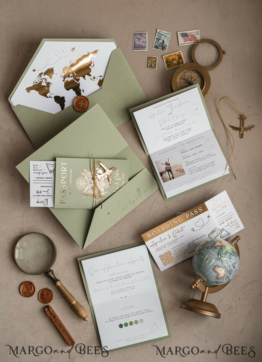 WEDDING INVITATIONS passport to love/ beach wedding invites  Gold Sage green Passport Wedding Invitation, Golden Wedding Cards Boarding Pass, Greenry Travel Passport Wedding Invitations Abroad, Destination Greece Wedding Invites, Tuscany Travel Map Wedding Stationary Italy World map 