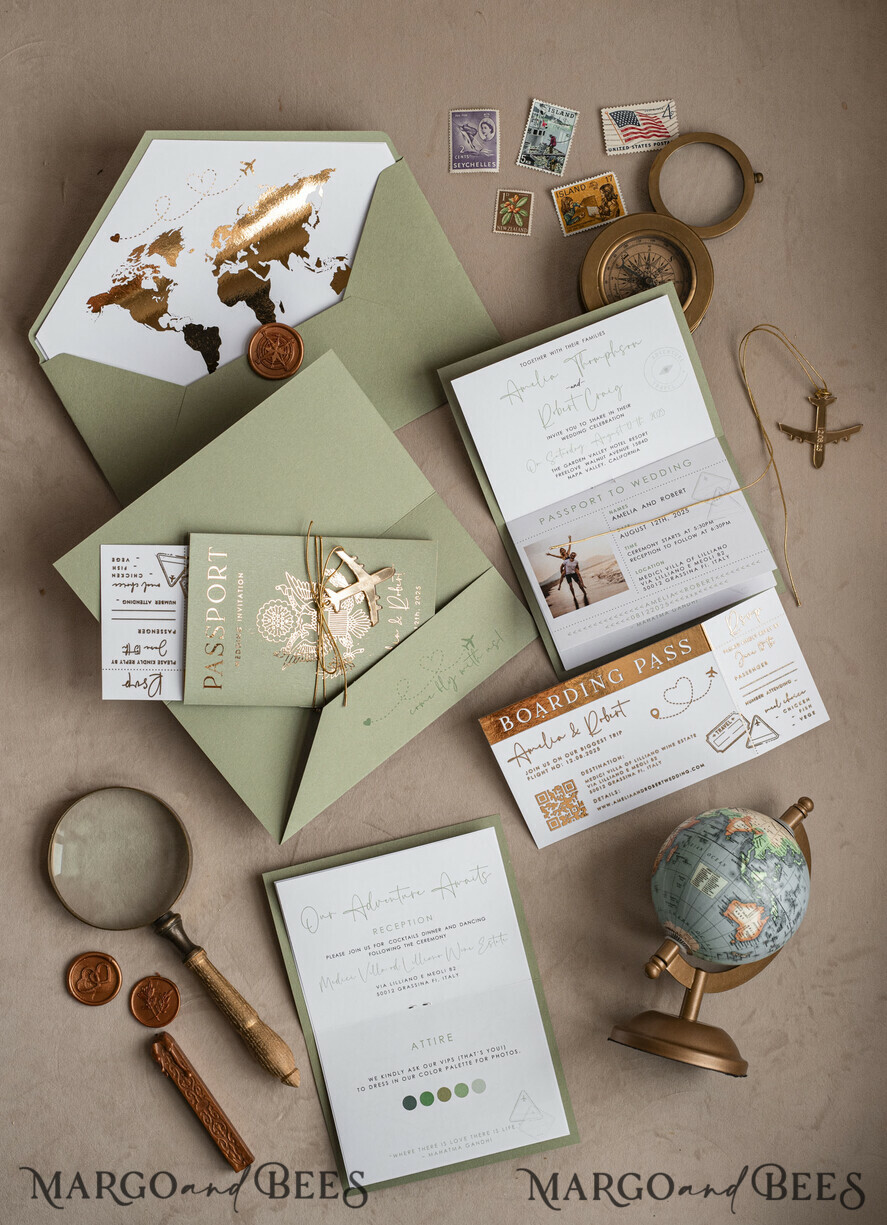 WEDDING INVITATIONS passport to love/ beach wedding invites  Gold Sage green Passport Wedding Invitation, Golden Wedding Cards Boarding Pass, Greenry Travel Passport Wedding Invitations Abroad, Destination Greece Wedding Invites, Tuscany Travel Map Wedding Stationary Italy World map 