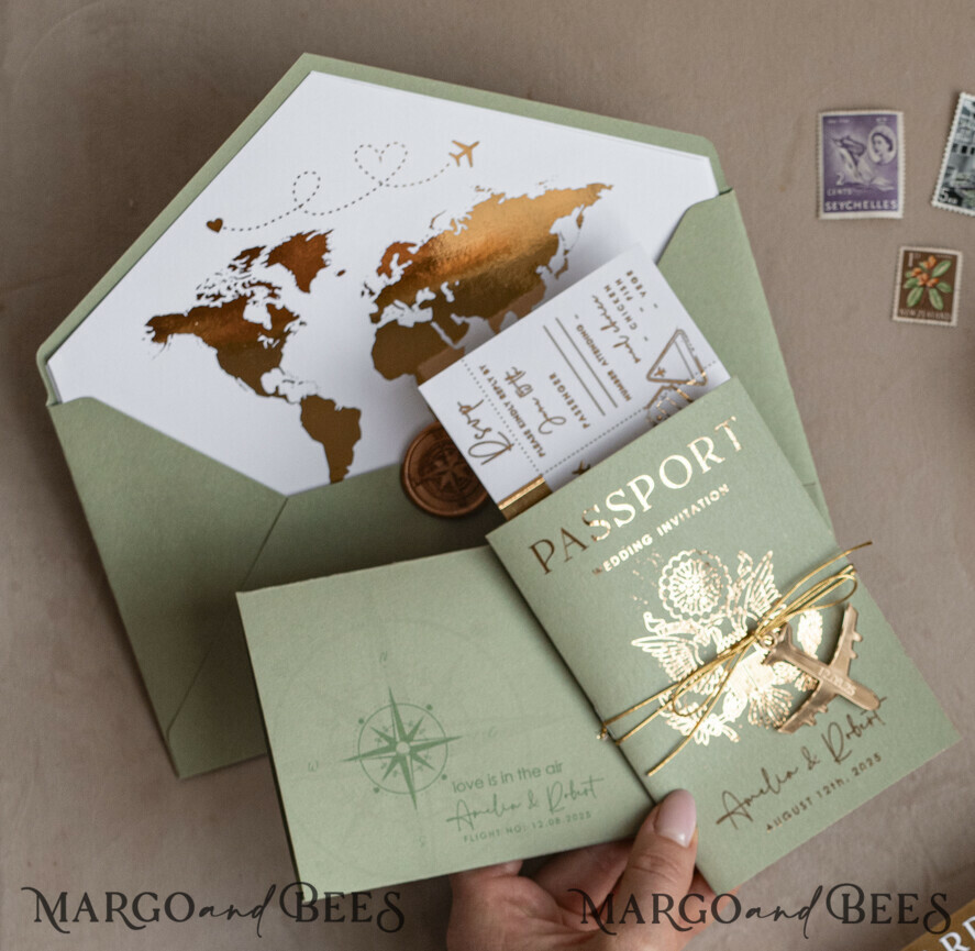 WEDDING INVITATIONS passport to love/ beach wedding invites  Gold Sage green Passport Wedding Invitation, Golden Wedding Cards Boarding Pass, Greenry Travel Passport Wedding Invitations Abroad, Destination Greece Wedding Invites, Tuscany Travel Map Wedding Stationary Italy World map 