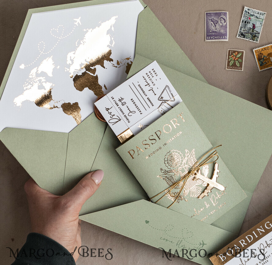 WEDDING INVITATIONS passport to love/ beach wedding invites  Gold Sage green Passport Wedding Invitation, Golden Wedding Cards Boarding Pass, Greenry Travel Passport Wedding Invitations Abroad, Destination Greece Wedding Invites, Tuscany Travel Map Wedding Stationary Italy World map 