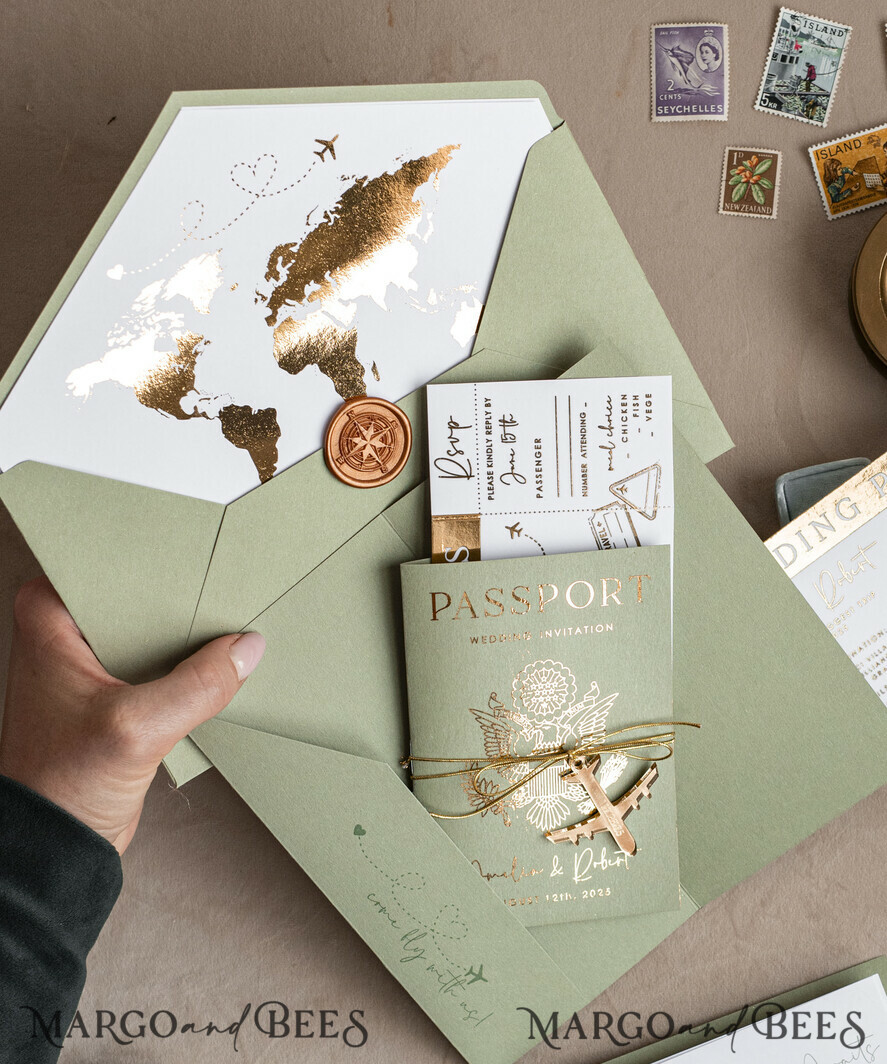 WEDDING INVITATIONS passport to love/ beach wedding invites  Gold Sage green Passport Wedding Invitation, Golden Wedding Cards Boarding Pass, Greenry Travel Passport Wedding Invitations Abroad, Destination Greece Wedding Invites, Tuscany Travel Map Wedding Stationary Italy World map 
