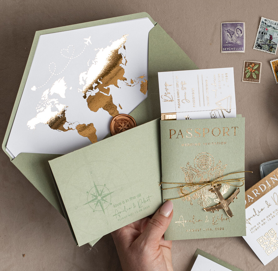 WEDDING INVITATIONS passport to love/ beach wedding invites  Gold Sage green Passport Wedding Invitation, Golden Wedding Cards Boarding Pass, Greenry Travel Passport Wedding Invitations Abroad, Destination Greece Wedding Invites, Tuscany Travel Map Wedding Stationary Italy World map 