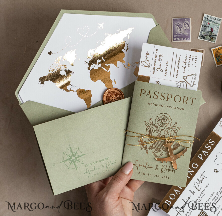 WEDDING INVITATIONS passport to love/ beach wedding invites  Gold Sage green Passport Wedding Invitation, Golden Wedding Cards Boarding Pass, Greenry Travel Passport Wedding Invitations Abroad, Destination Greece Wedding Invites, Tuscany Travel Map Wedding Stationary Italy World map 