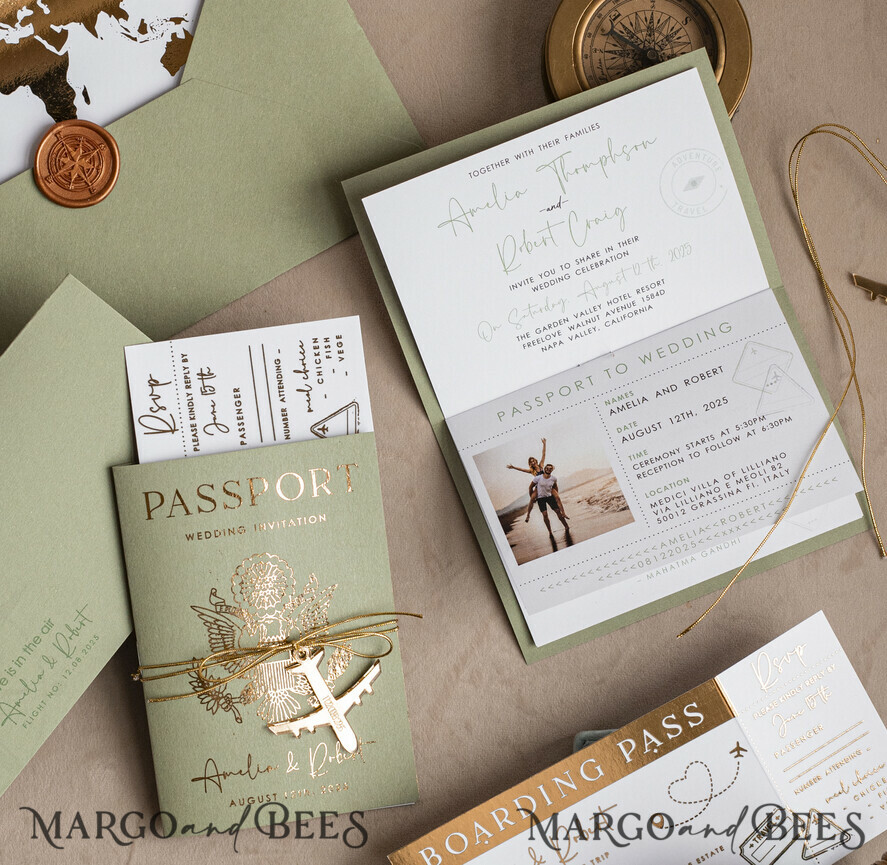 WEDDING INVITATIONS passport to love/ beach wedding invites  Gold Sage green Passport Wedding Invitation, Golden Wedding Cards Boarding Pass, Greenry Travel Passport Wedding Invitations Abroad, Destination Greece Wedding Invites, Tuscany Travel Map Wedding Stationary Italy World map 