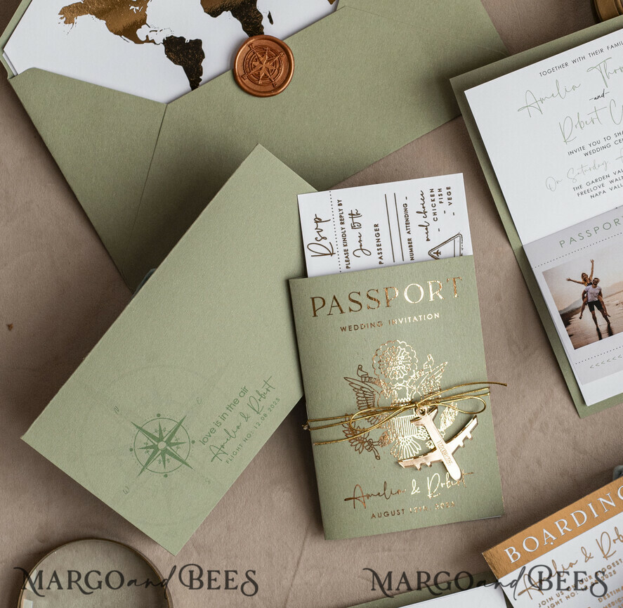 WEDDING INVITATIONS passport to love/ beach wedding invites  Gold Sage green Passport Wedding Invitation, Golden Wedding Cards Boarding Pass, Greenry Travel Passport Wedding Invitations Abroad, Destination Greece Wedding Invites, Tuscany Travel Map Wedding Stationary Italy World map 