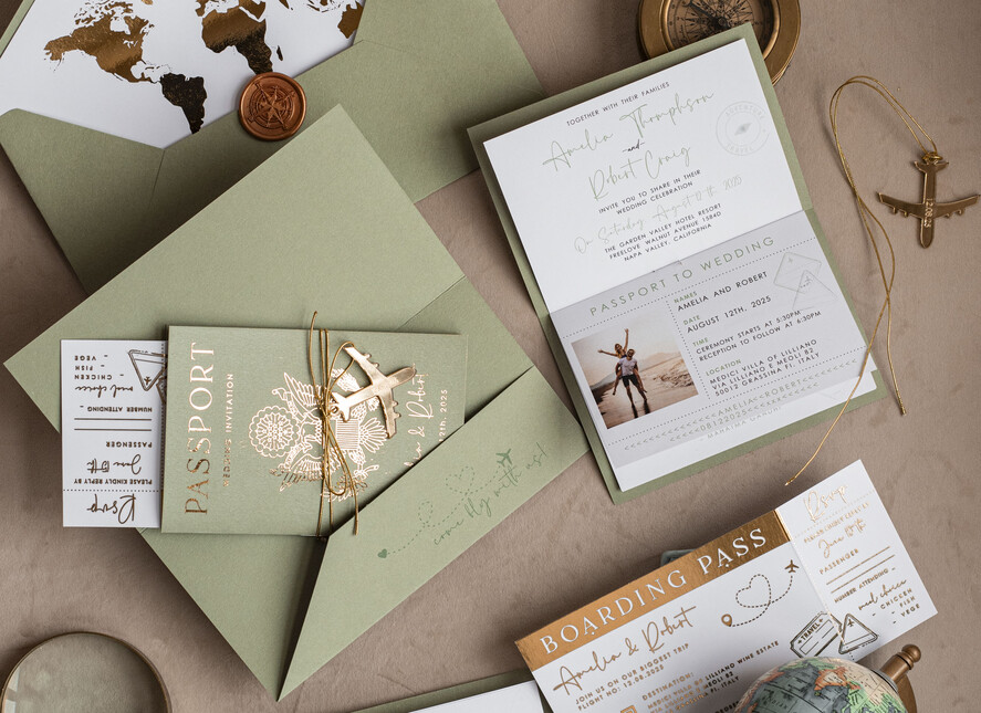 WEDDING INVITATIONS passport to love/ beach wedding invites  Gold Sage green Passport Wedding Invitation, Golden Wedding Cards Boarding Pass, Greenry Travel Passport Wedding Invitations Abroad, Destination Greece Wedding Invites, Tuscany Travel Map Wedding Stationary Italy World map 