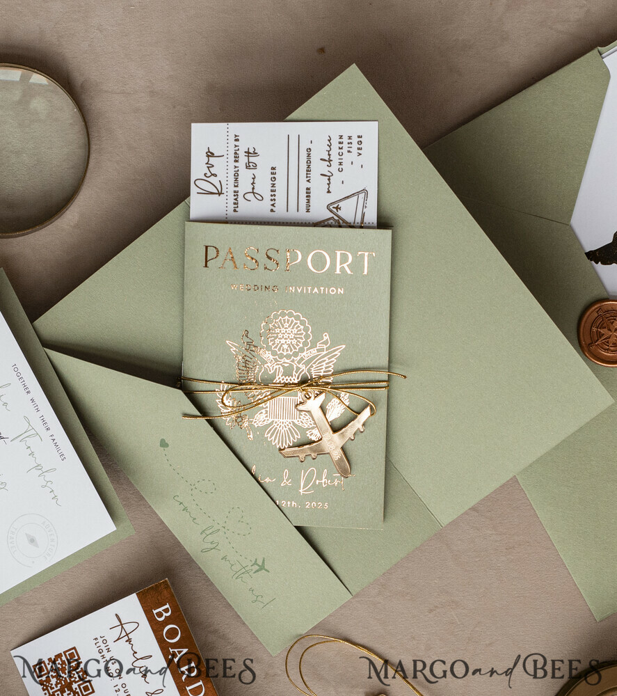 WEDDING INVITATIONS passport to love/ beach wedding invites  Gold Sage green Passport Wedding Invitation, Golden Wedding Cards Boarding Pass, Greenry Travel Passport Wedding Invitations Abroad, Destination Greece Wedding Invites, Tuscany Travel Map Wedding Stationary Italy World map 