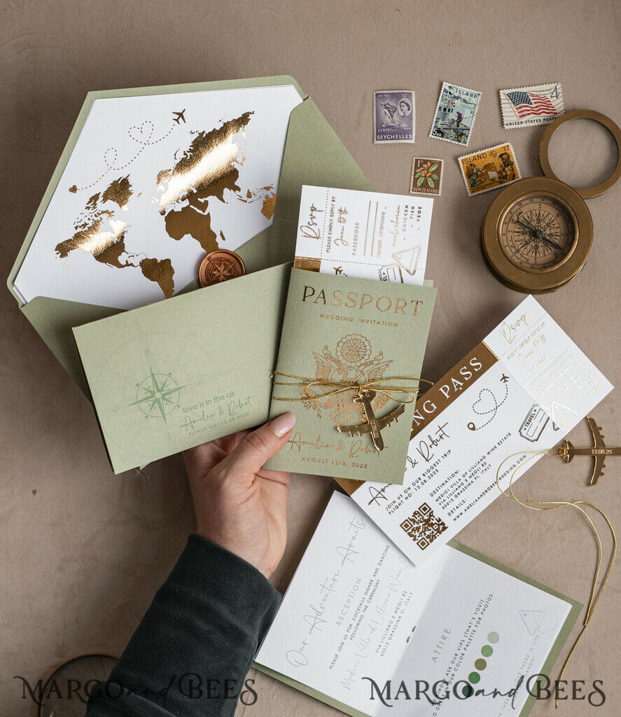 WEDDING INVITATIONS passport to love/ beach wedding invites  Gold Sage green Passport Wedding Invitation, Golden Wedding Cards Boarding Pass, Greenry Travel Passport Wedding Invitations Abroad, Destination Greece Wedding Invites, Tuscany Travel Map Wedding Stationary Italy World map 