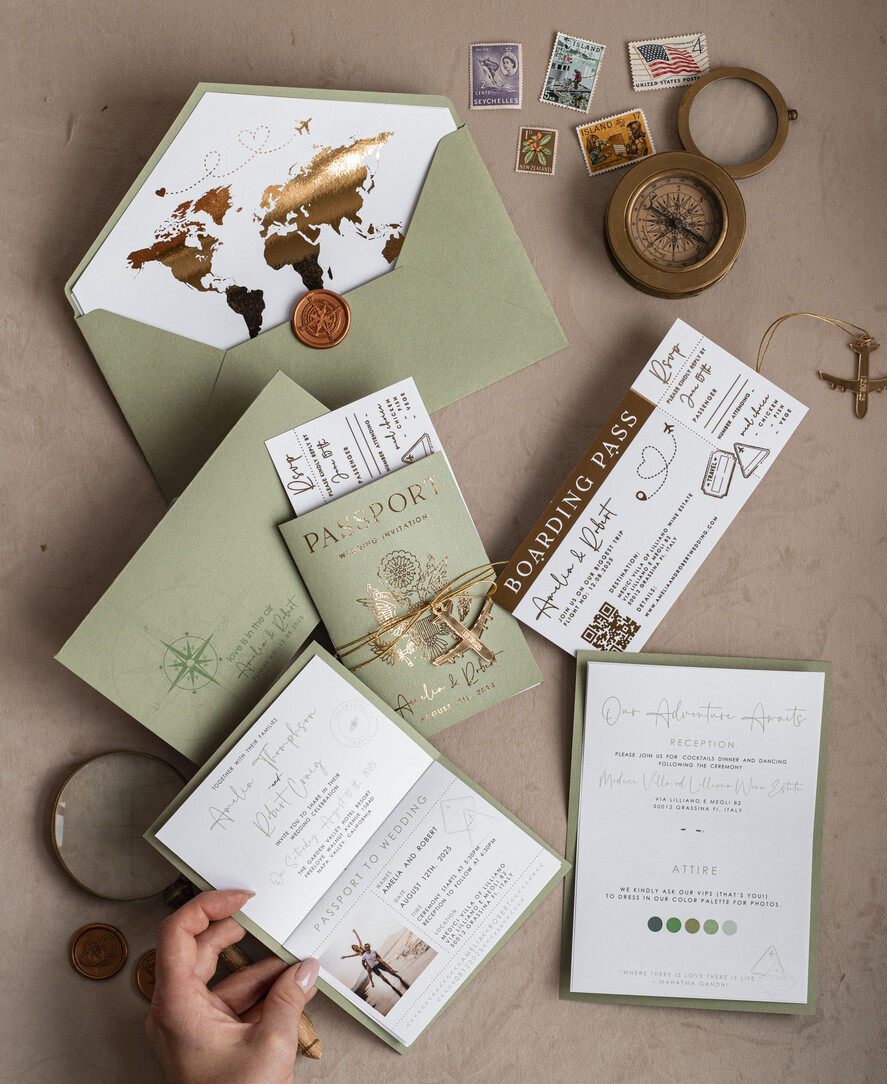 WEDDING INVITATIONS passport to love/ beach wedding invites  Gold Sage green Passport Wedding Invitation, Golden Wedding Cards Boarding Pass, Greenry Travel Passport Wedding Invitations Abroad, Destination Greece Wedding Invites, Tuscany Travel Map Wedding Stationary Italy World map 