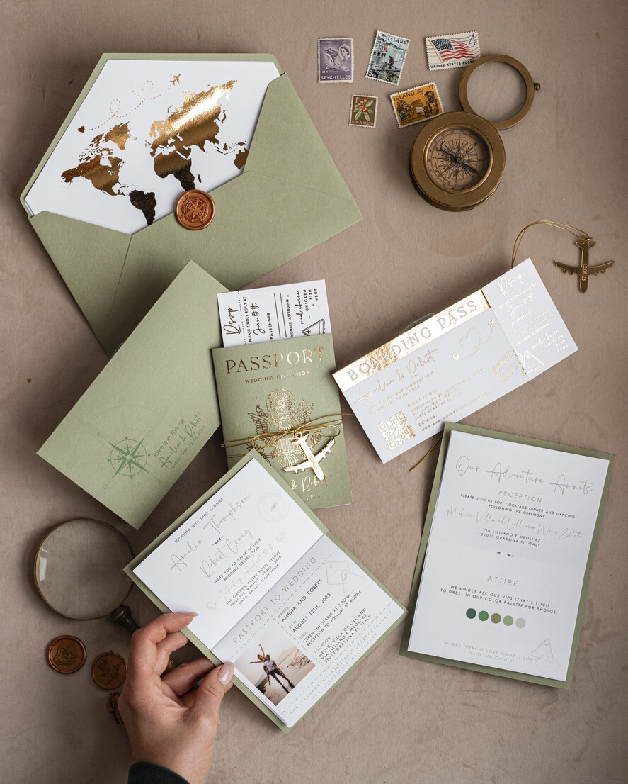 WEDDING INVITATIONS passport to love/ beach wedding invites  Gold Sage green Passport Wedding Invitation, Golden Wedding Cards Boarding Pass, Greenry Travel Passport Wedding Invitations Abroad, Destination Greece Wedding Invites, Tuscany Travel Map Wedding Stationary Italy World map 