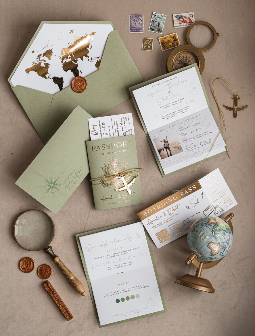 WEDDING INVITATIONS passport to love/ beach wedding invites  Gold Sage green Passport Wedding Invitation, Golden Wedding Cards Boarding Pass, Greenry Travel Passport Wedding Invitations Abroad, Destination Greece Wedding Invites, Tuscany Travel Map Wedding Stationary Italy World map 