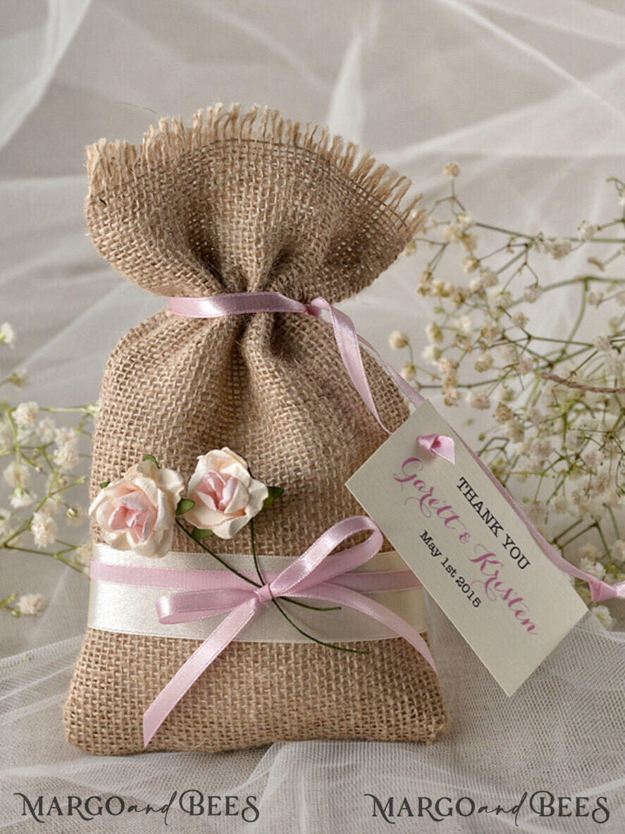 Wedding Favour Bags Pink Tea Rose Hessian Floral Rustic Personalised Shabby Chic 
