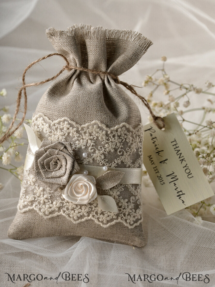 Hessian & Gingham Wedding Favour Bags Tan Ivory Shabby Chic Personalised 1-100 