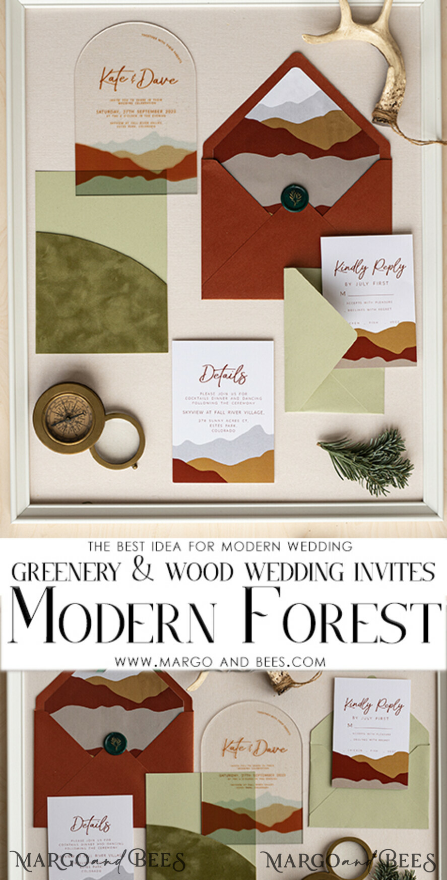 HOCHZEITS EINLADUNGEN Wald / Berge / Waldlandschaft Thema Bergmodernes Bogen-Acryl-Hochzeitsinvitation-Set, moderne Hochzeitskarten aus Arizona, klare Plexiglassuite-Hochzeitskarten, terrakotta Hochzeitskarten, Berghochzeitsinvitation-Set, salbeigrüne Hochzeitskarte aus Plexiglas.