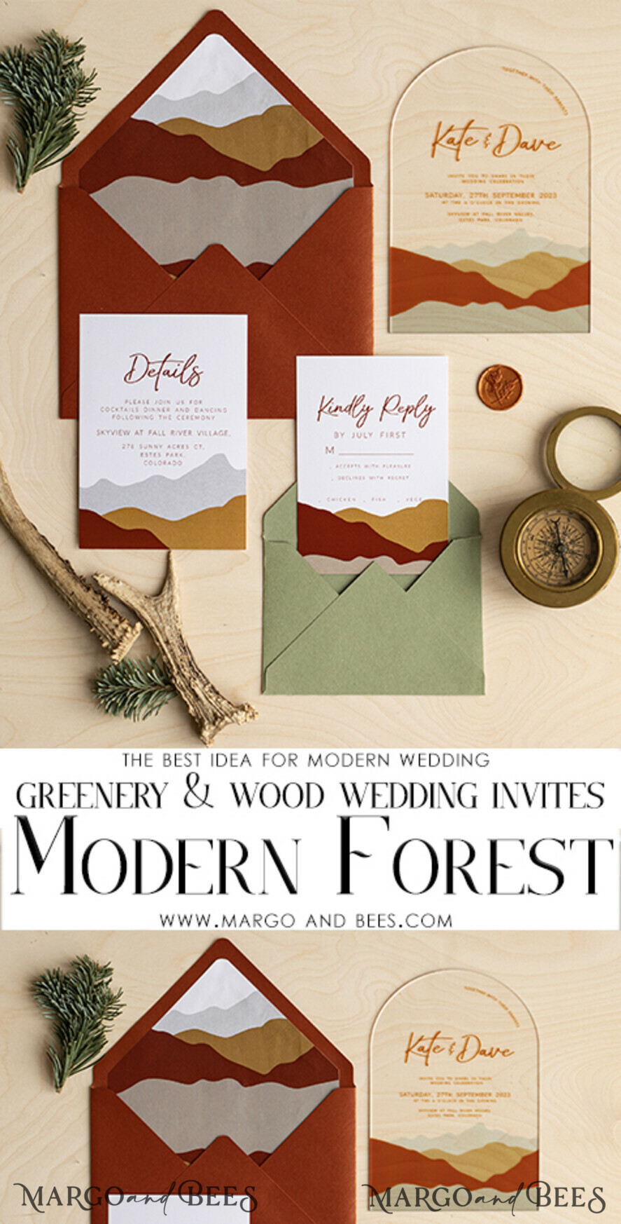 HOCHZEITS EINLADUNGEN Wald / Berge / Waldlandschaft Thema Bergmodernes Bogen-Acryl-Hochzeitsinvitation-Set, moderne Hochzeitskarten aus Arizona, klare Plexiglassuite-Hochzeitskarten, terrakotta Hochzeitskarten, Berghochzeitsinvitation-Set, salbeigrüne Hochzeitskarte aus Plexiglas.