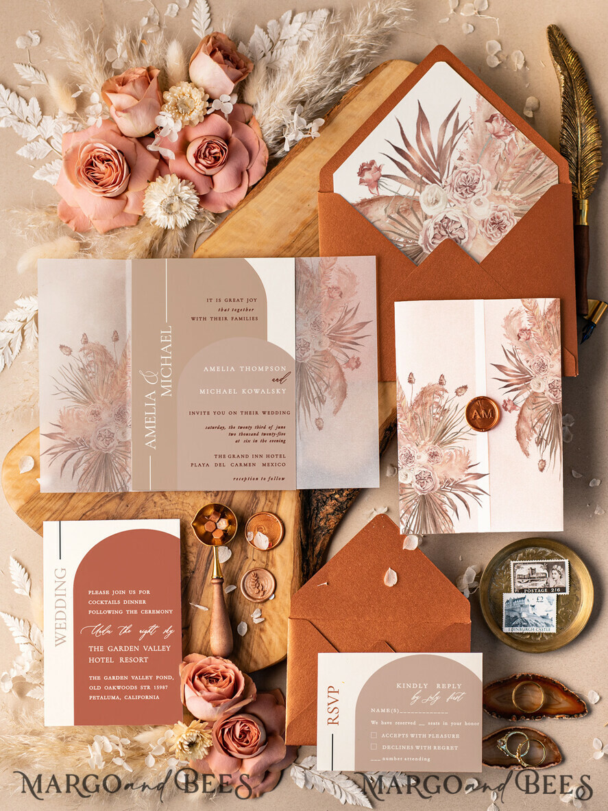 Terrcotta Acrylic Wedding invitations, Elegant Fall wedding invitation Suite • Luxury Copper Wedding Invitation Suite • Terracotta wedding Stationery