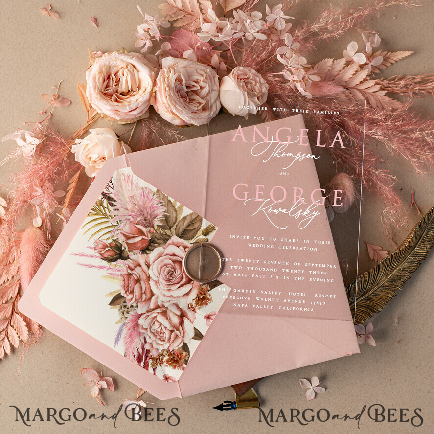 Blush Pink Modern Acrylic Wedding Invitations, Spring Boho Plexi Wedding  Invitation Suite, Elegant Boho Wedding Invites, Minimalist Wedding  Stationery