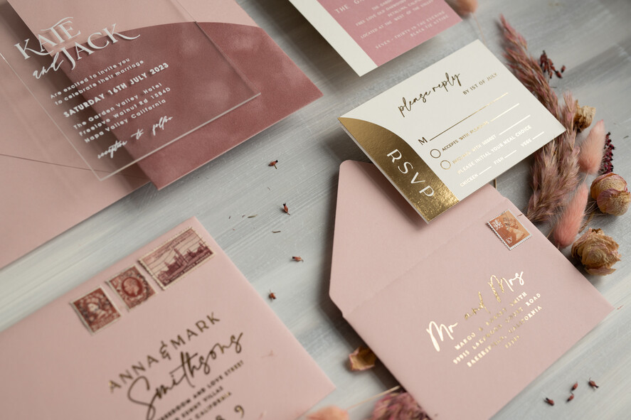 WEDDING INVITATIONS Elegant Invites Classic Cards Arch Plexi Glass Wedding Invitation suite, Blush Pink Golden Wedding Invitations with Rsvp Velvet Pocket, Acrylic Modern Wedding Cards