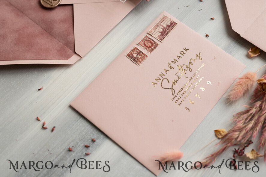 WEDDING INVITATIONS Elegant Invites Classic Cards Arch Plexi Glass Wedding Invitation suite, Blush Pink Golden Wedding Invitations with Rsvp Velvet Pocket, Acrylic Modern Wedding Cards