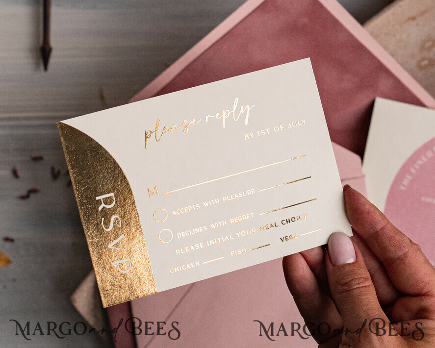WEDDING INVITATIONS Elegant Invites Classic Cards Arch Plexi Glass Wedding Invitation suite, Blush Pink Golden Wedding Invitations with Rsvp Velvet Pocket, Acrylic Modern Wedding Cards