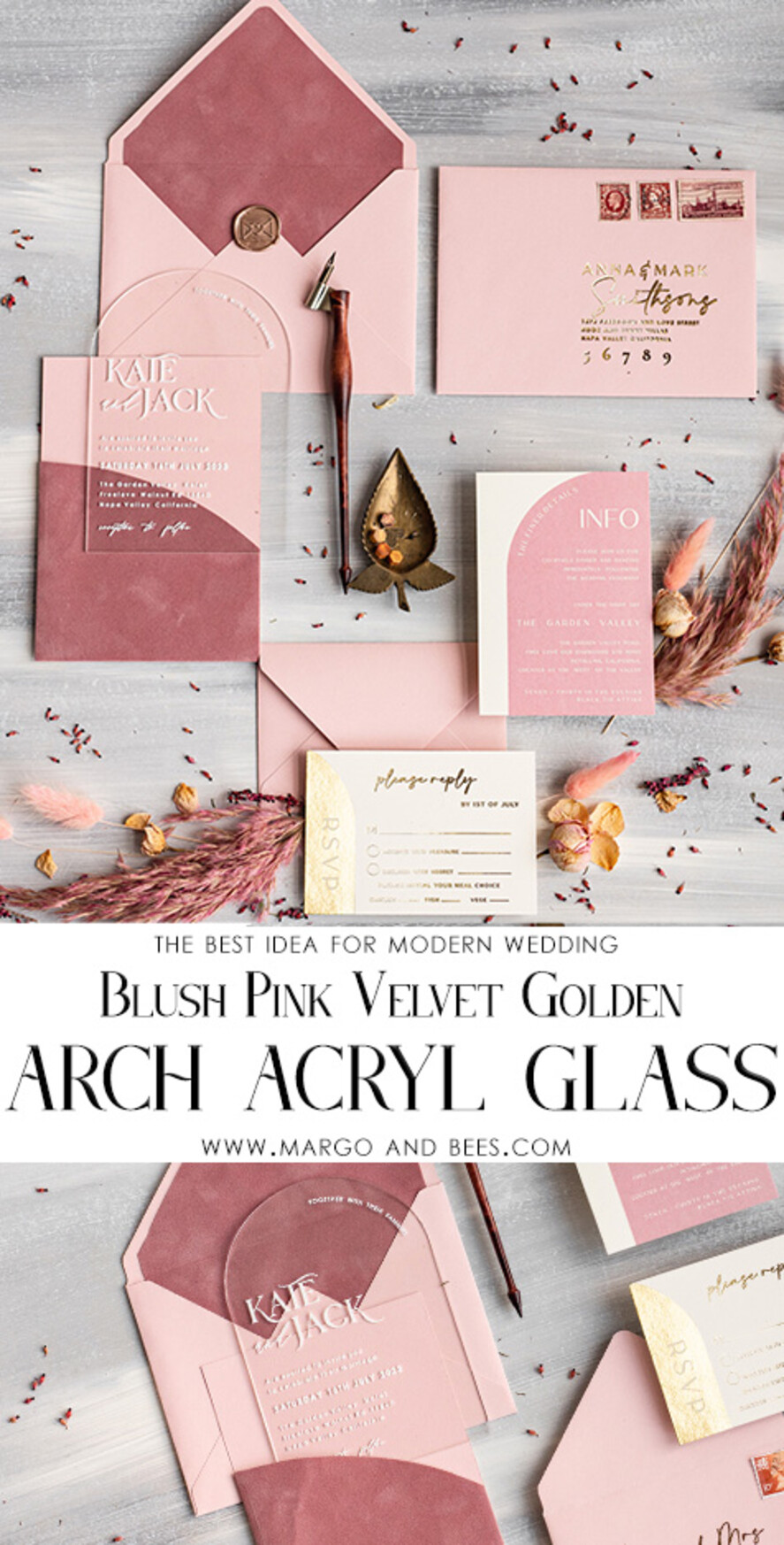 WEDDING INVITATIONS Elegant Invites Classic Cards Arch Plexi Glass Wedding Invitation suite, Blush Pink Golden Wedding Invitations with Rsvp Velvet Pocket, Acrylic Modern Wedding Cards