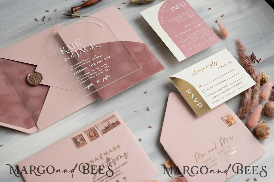 WEDDING INVITATIONS Elegant Invites Classic Cards Arch Plexi Glass Wedding Invitation suite, Blush Pink Golden Wedding Invitations with Rsvp Velvet Pocket, Acrylic Modern Wedding Cards