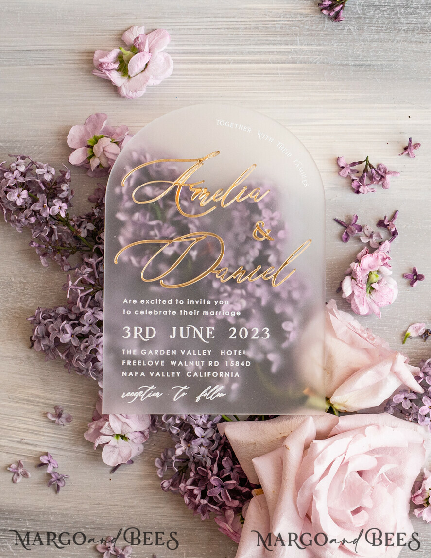 Luxury Mauve Velvet Box Wedding Invitations, Elegant Acrylic Wedding Invites With Gold Bow, Glamour Golden Shine Wedding Cards, Handmade Wedding Stationery
