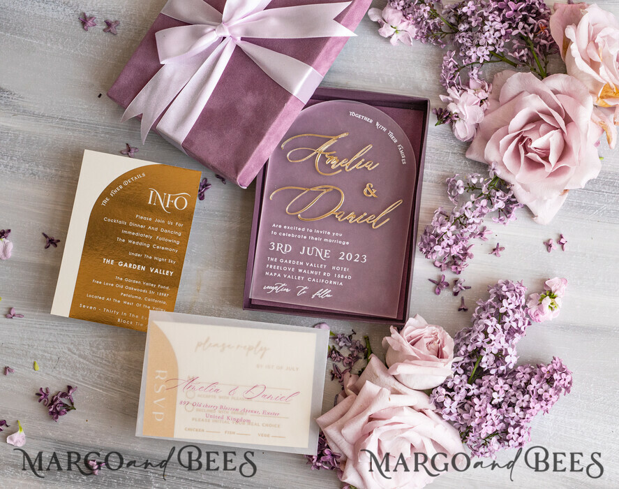 WEDDING INVITATIONS Elegant Invites Classic Cards  Luxury Mauve Velvet Box Wedding Invitations, Elegant Acrylic Wedding Invites With Gold Bow, Glamour Golden Shine Wedding Cards, Handmade Wedding Stationery