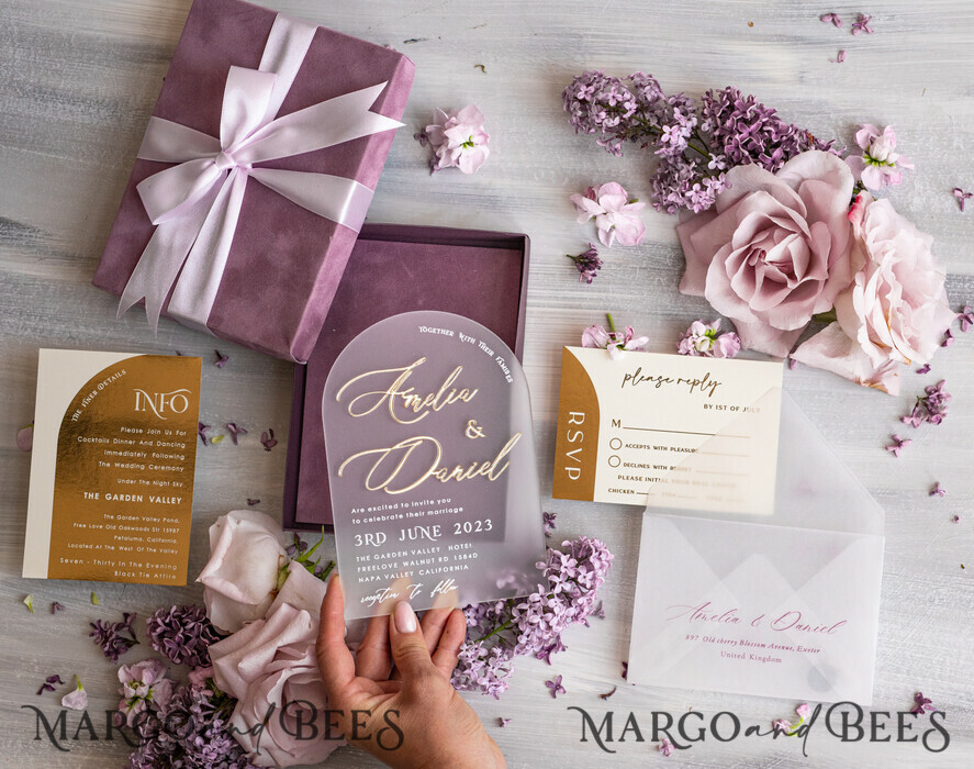 WEDDING INVITATIONS Elegant Invites Classic Cards  Luxury Mauve Velvet Box Wedding Invitations, Elegant Acrylic Wedding Invites With Gold Bow, Glamour Golden Shine Wedding Cards, Handmade Wedding Stationery