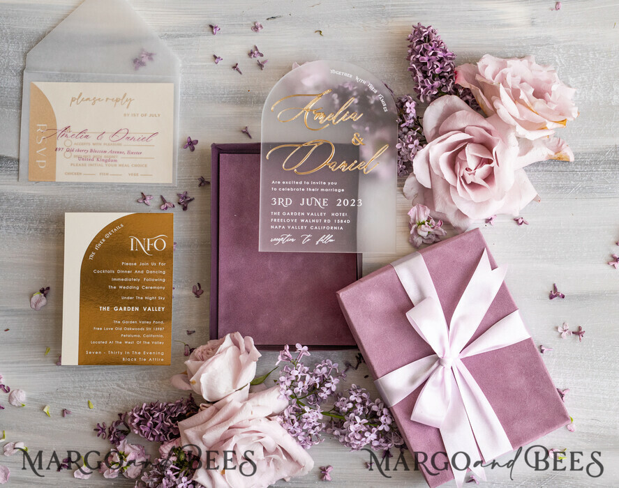 WEDDING INVITATIONS Elegant Invites Classic Cards  Luxury Mauve Velvet Box Wedding Invitations, Elegant Acrylic Wedding Invites With Gold Bow, Glamour Golden Shine Wedding Cards, Handmade Wedding Stationery