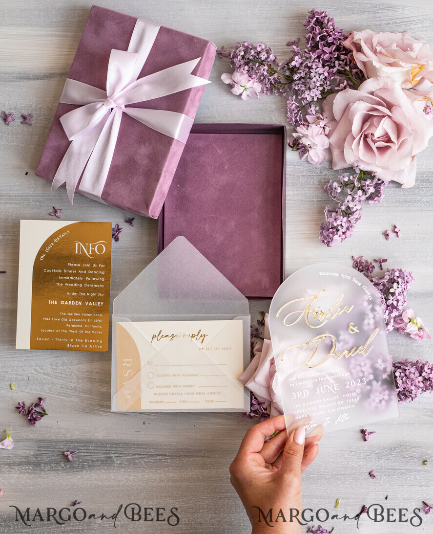 WEDDING INVITATIONS Elegant Invites Classic Cards  Luxury Mauve Velvet Box Wedding Invitations, Elegant Acrylic Wedding Invites With Gold Bow, Glamour Golden Shine Wedding Cards, Handmade Wedding Stationery