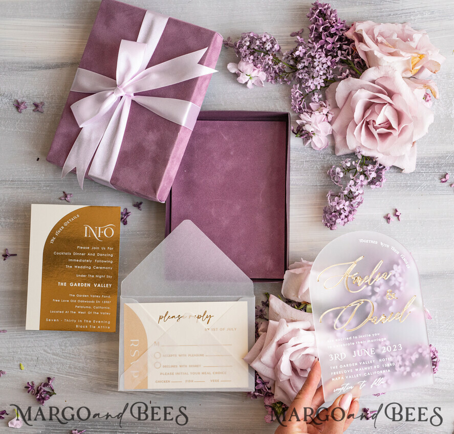 WEDDING INVITATIONS Elegant Invites Classic Cards  Luxury Mauve Velvet Box Wedding Invitations, Elegant Acrylic Wedding Invites With Gold Bow, Glamour Golden Shine Wedding Cards, Handmade Wedding Stationery