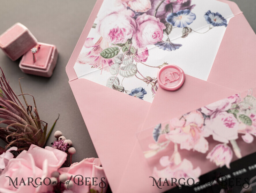Blush Pink Floral Vellum Paper Pocket Wholesale Wedding Invitation WPV0005