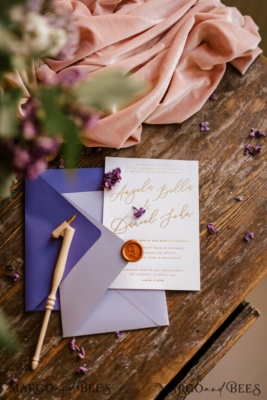 Script Calligraphy Ivory and Lavender Elegant Wedding Periwinkle Pocket Lilac Purple Purple and Champagne Shimmer Wedding Invitations