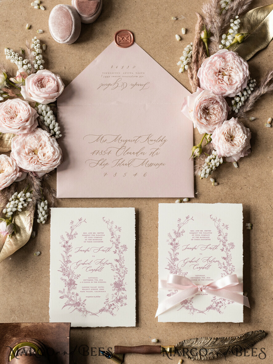 Dusty Rose Wedding Invitations, Wildflower Wedding invitations, Vintage Blush Pink Invitation Set, Floral Wedding Invitation, Romantic Wedding Invites 