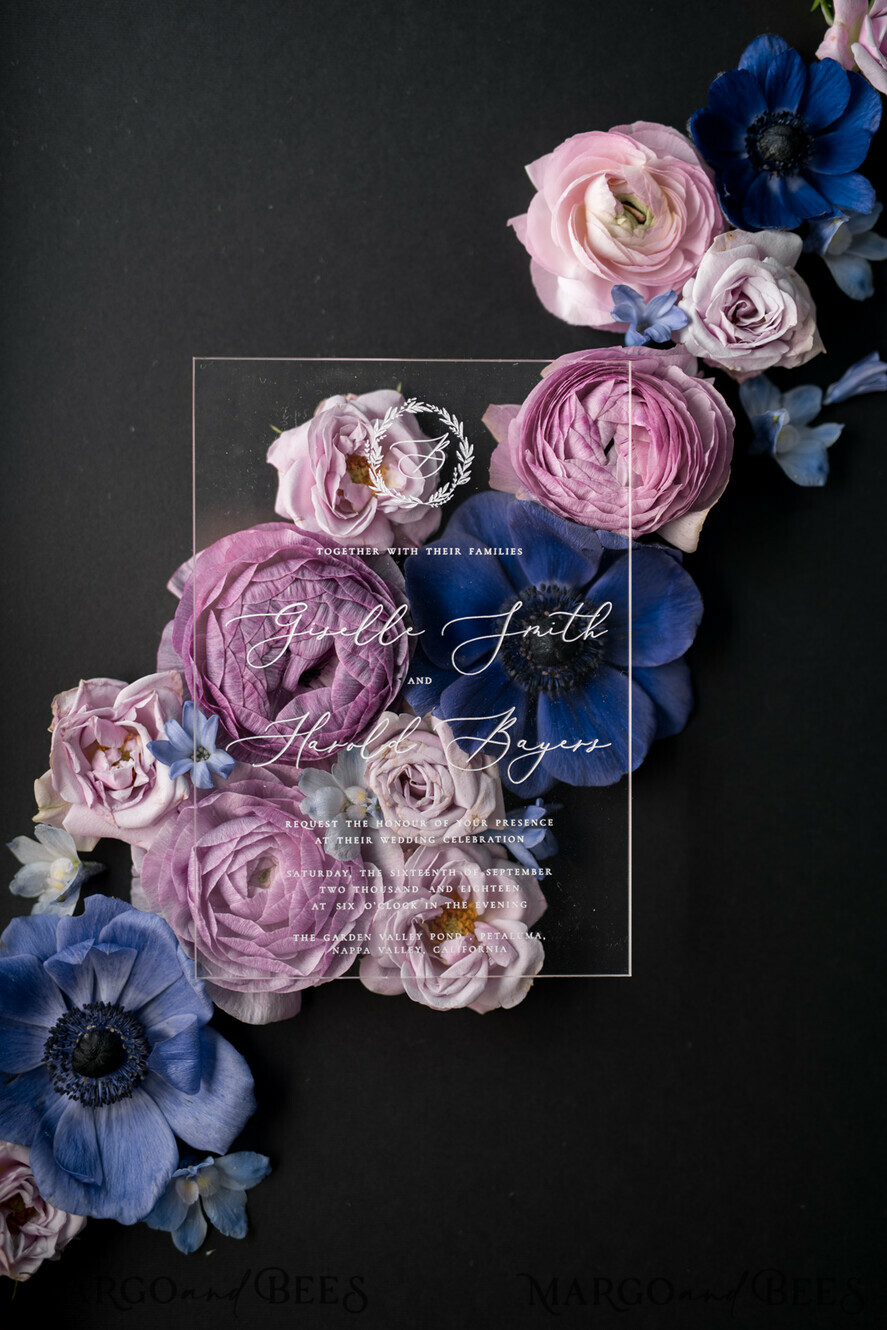 Acrylic Wedding Invitations, Blush pink and navy blue flowers, Dusty pink  Nude colors, Vintage, Autumn, Transparent Plexiglass UV Printed