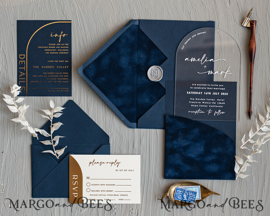 Navy Blue Velvet Invitation Folder With Golden Acrylic Monogram