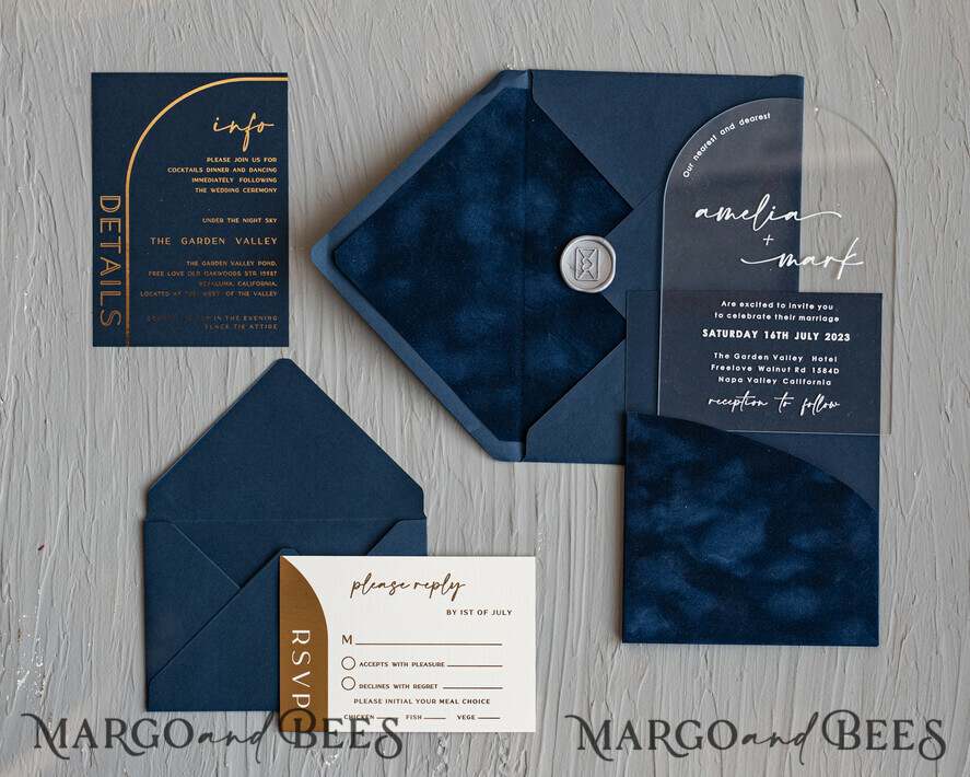 WEDDING INVITATIONS Elegant Invites Classic Cards Modern Arch Acrylic Wedding Invitations, Velvet Pocket Navy blue Modern Wedding Cards, Navy Gold Invites, minimalistic Plexi Wedding Invitation Suite
