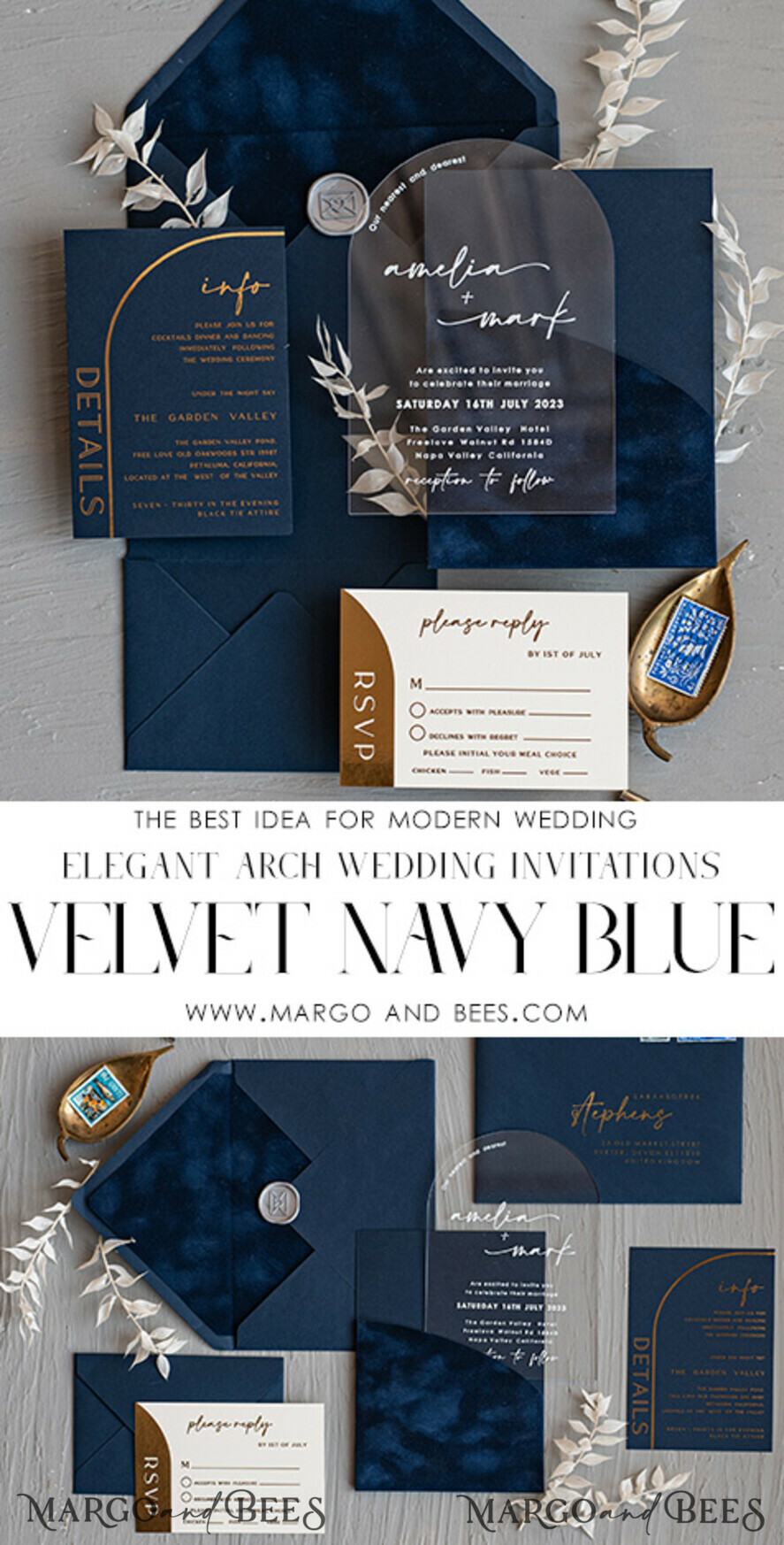 WEDDING INVITATIONS Elegant Invites Classic Cards Modern Arch Acrylic Wedding Invitations, Velvet Pocket Navy blue Modern Wedding Cards, Navy Gold Invites, minimalistic Plexi Wedding Invitation Suite