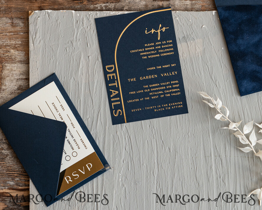 WEDDING INVITATIONS Elegant Invites Classic Cards Modern Arch Acrylic Wedding Invitations, Velvet Pocket Navy blue Modern Wedding Cards, Navy Gold Invites, minimalistic Plexi Wedding Invitation Suite
