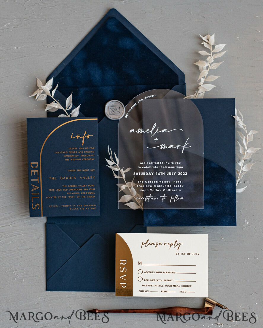 WEDDING INVITATIONS Elegant Invites Classic Cards Modern Arch Acrylic Wedding Invitations, Velvet Pocket Navy blue Modern Wedding Cards, Navy Gold Invites, minimalistic Plexi Wedding Invitation Suite