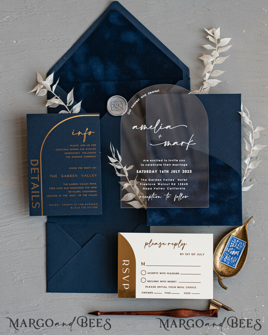 WEDDING INVITATIONS Elegant Invites Classic Cards Modern Arch Acrylic Wedding Invitations, Velvet Pocket Navy blue Modern Wedding Cards, Navy Gold Invites, minimalistic Plexi Wedding Invitation Suite
