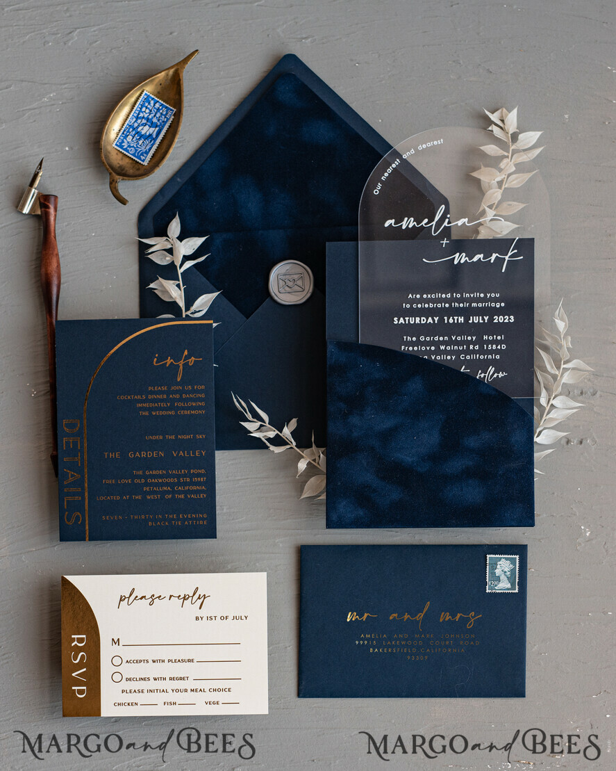 WEDDING INVITATIONS Elegant Invites Classic Cards Modern Arch Acrylic Wedding Invitations, Velvet Pocket Navy blue Modern Wedding Cards, Navy Gold Invites, minimalistic Plexi Wedding Invitation Suite