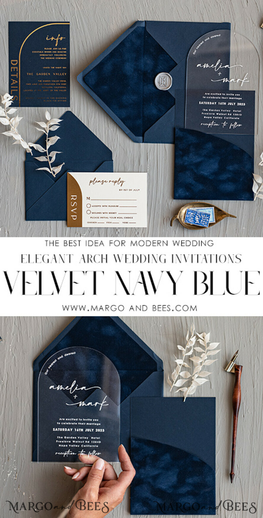 WEDDING INVITATIONS Elegant Invites Classic Cards Modern Arch Acrylic Wedding Invitations, Velvet Pocket Navy blue Modern Wedding Cards, Navy Gold Invites, minimalistic Plexi Wedding Invitation Suite